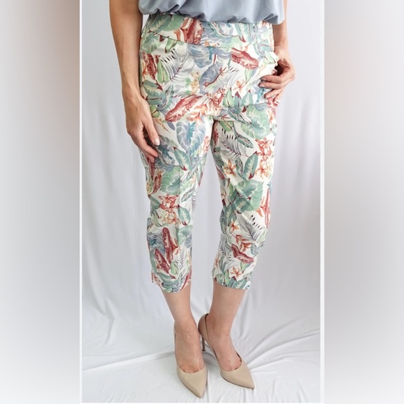 Eloise Pants Women 1 Mustard Yellow Grey Floral Print Smocked Elastic Cotton - Picture 4 of 16